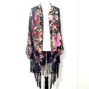 Soft Surroundings Black Floral Fringe Kimono